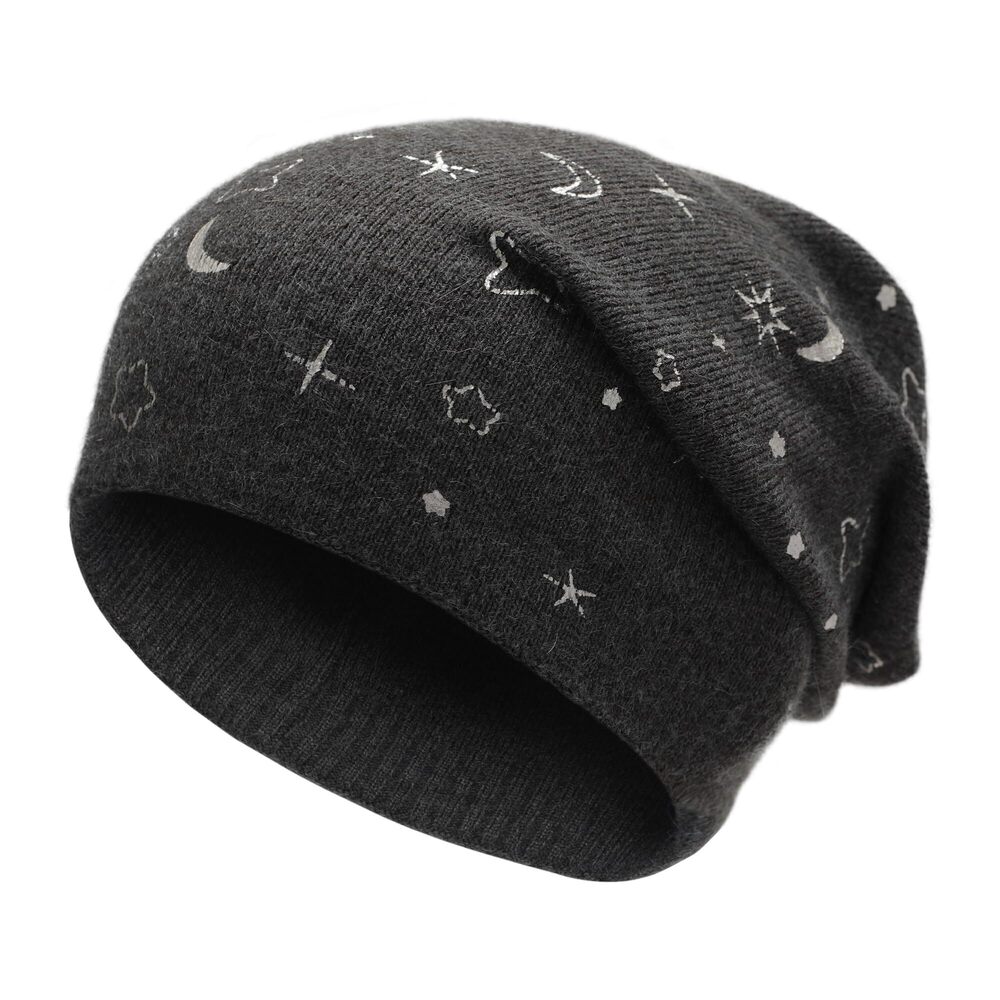 8380 Knit Slouchy Beanie Hats Soft Winter Stretch Skull Cap Stars Dark Gray